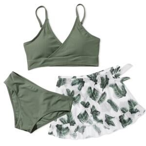 Girls' Size 13-14 Yr Bathing Suit 3 Piece Swim Set Bikini & Sheer Skirt Green